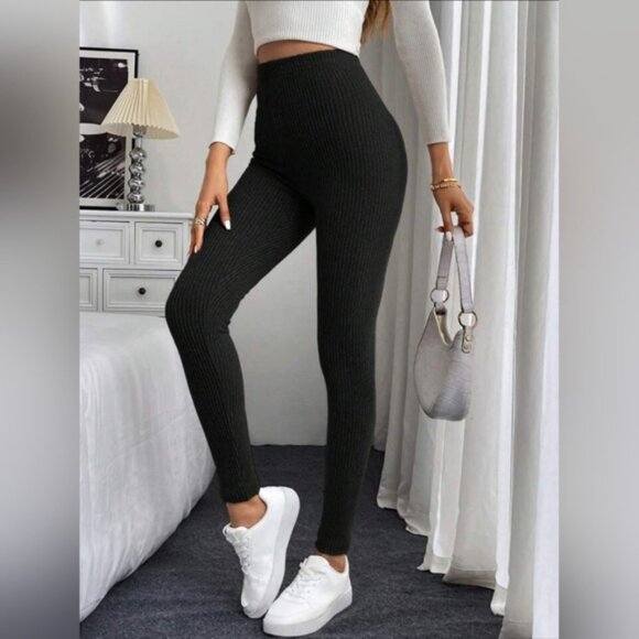 3/$20 Shein Sport Studio Workout Leggings High Stretch Rib Knit Tights Black - Picture 4 of 14